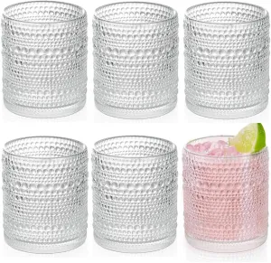Hobnail Drinking Glasses set of 6 (13 oz), Vintage Glasses Drinking Set Cocktail Glasses, Embossed Glass Cup for Kitchen, Tumbler Glassware Set for Beer, Juice, Cocktail, Whiskey and Milk