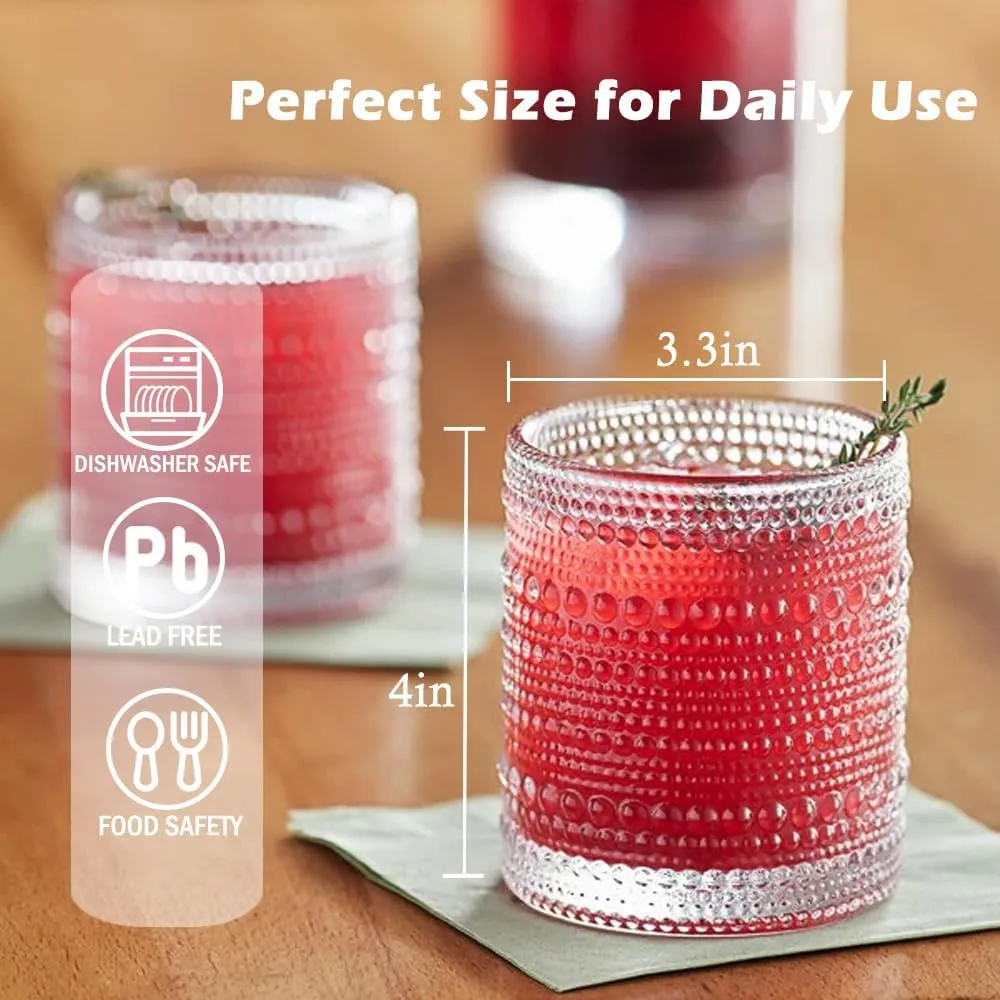 Hobnail Drinking Glasses set of 6 (13 oz), Vintage Glasses Drinking Set Cocktail Glasses, Embossed Glass Cup for Kitchen, Tumbler Glassware Set for Beer, Juice, Cocktail, Whiskey and Milk