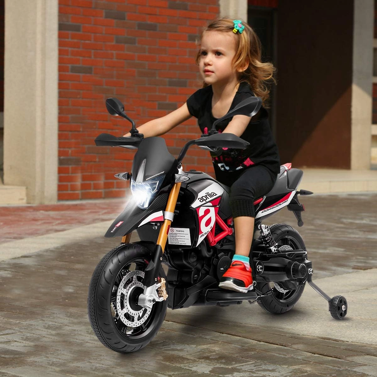 HOMGX 12V Kids Ride on Motorcycle, Apulia Licensed, High Lights & Music, Battery Powered Motor Bike w/Detachable Balance Wheels, Kids Motorcycle for Little Girls & Boys, (Red)