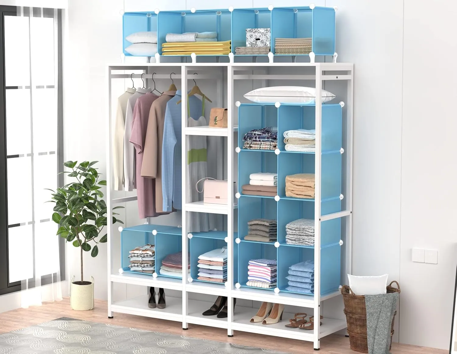 HOMIDEC Cube Storage Organizer 16-Cube Storage Shelf, Closet Organizer for Garment Racks, Closet Organizers and Storage with Metal Hammer, Bookshelf for Kids, (48.4 L x 12.2 W x 48.4 H Inches)