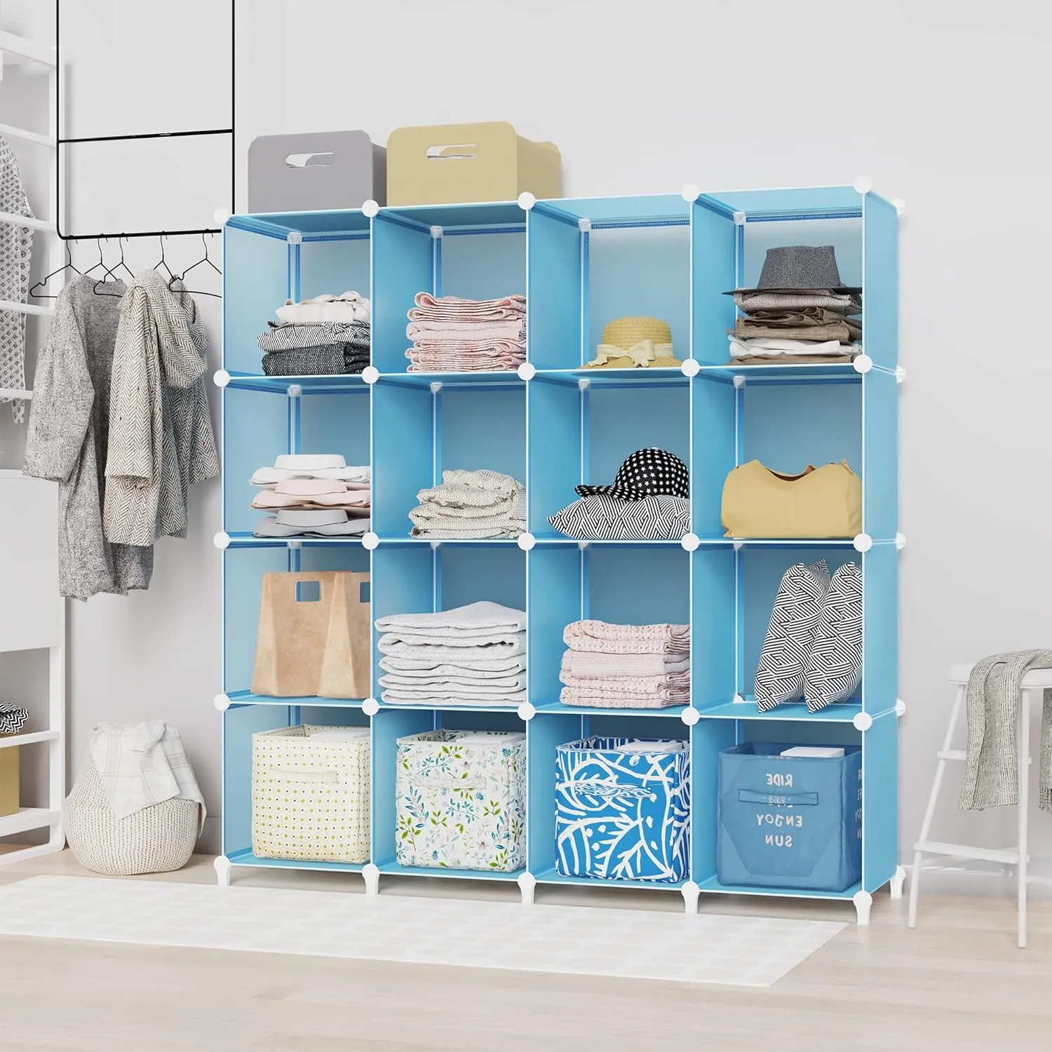 HOMIDEC Cube Storage Organizer 16-Cube Storage Shelf, Closet Organizer for Garment Racks, Closet Organizers and Storage with Metal Hammer, Bookshelf for Kids, (48.4 L x 12.2 W x 48.4 H Inches)