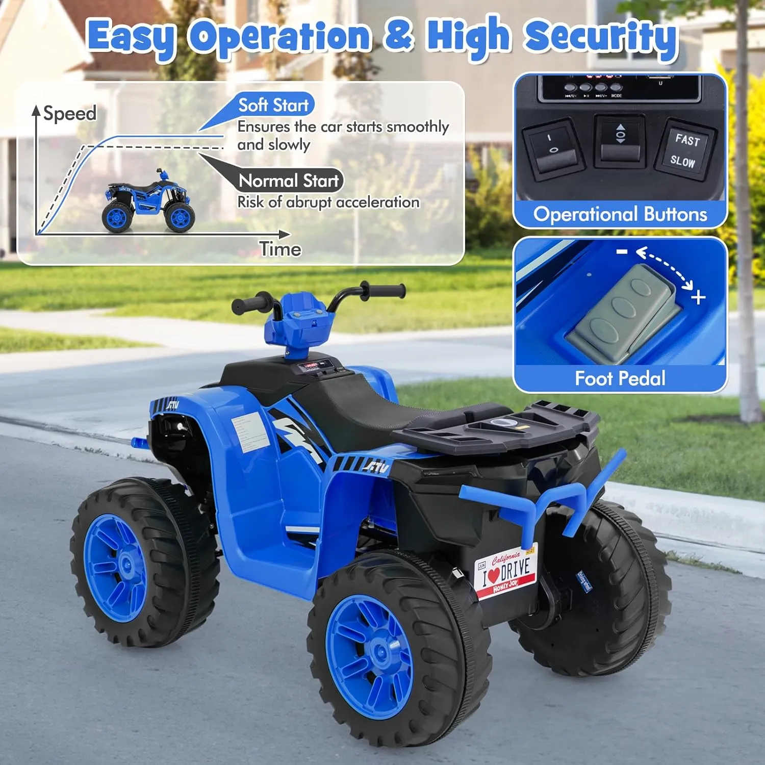 HONEY JOY 24V Kids ATV, 4 Wheeler Battery Power Ride On ATV Toy for Big Kids, LED Lights, High/Low Speed, Treaded Tires, Music, Off-Road Toddler Quad, Electric Car for Boys Girls (Blue)
