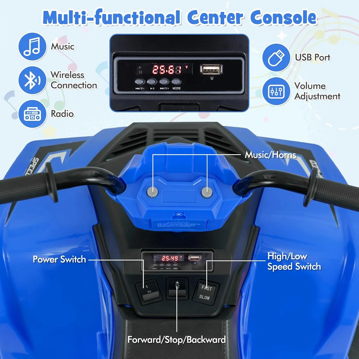 HONEY JOY 24V Kids ATV, 4 Wheeler Battery Power Ride On ATV Toy for Big Kids, LED Lights, High/Low Speed, Treaded Tires, Music, Off-Road Toddler Quad, Electric Car for Boys Girls (Blue)