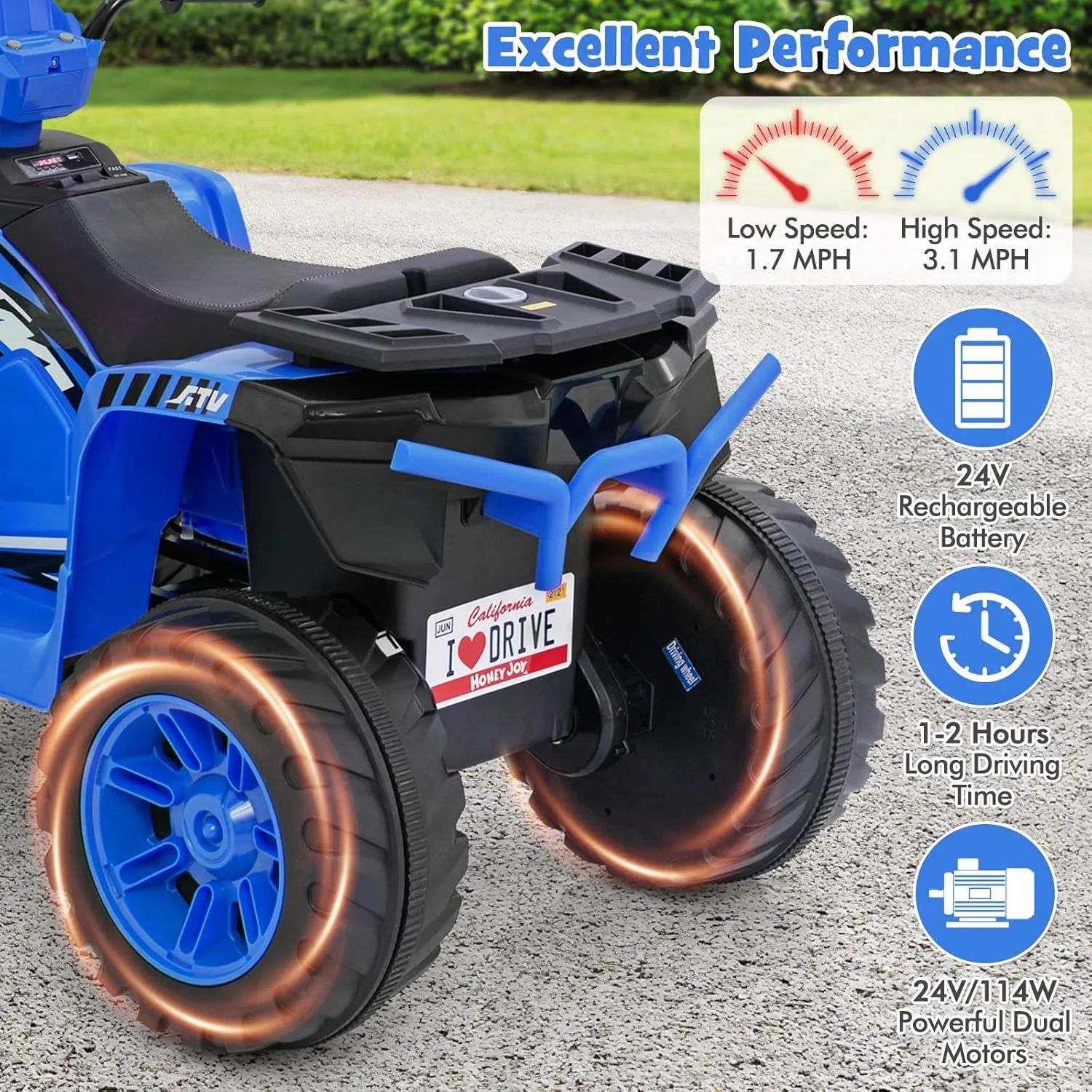 HONEY JOY 24V Kids ATV, 4 Wheeler Battery Power Ride On ATV Toy for Big Kids, LED Lights, High/Low Speed, Treaded Tires, Music, Off-Road Toddler Quad, Electric Car for Boys Girls (Blue)