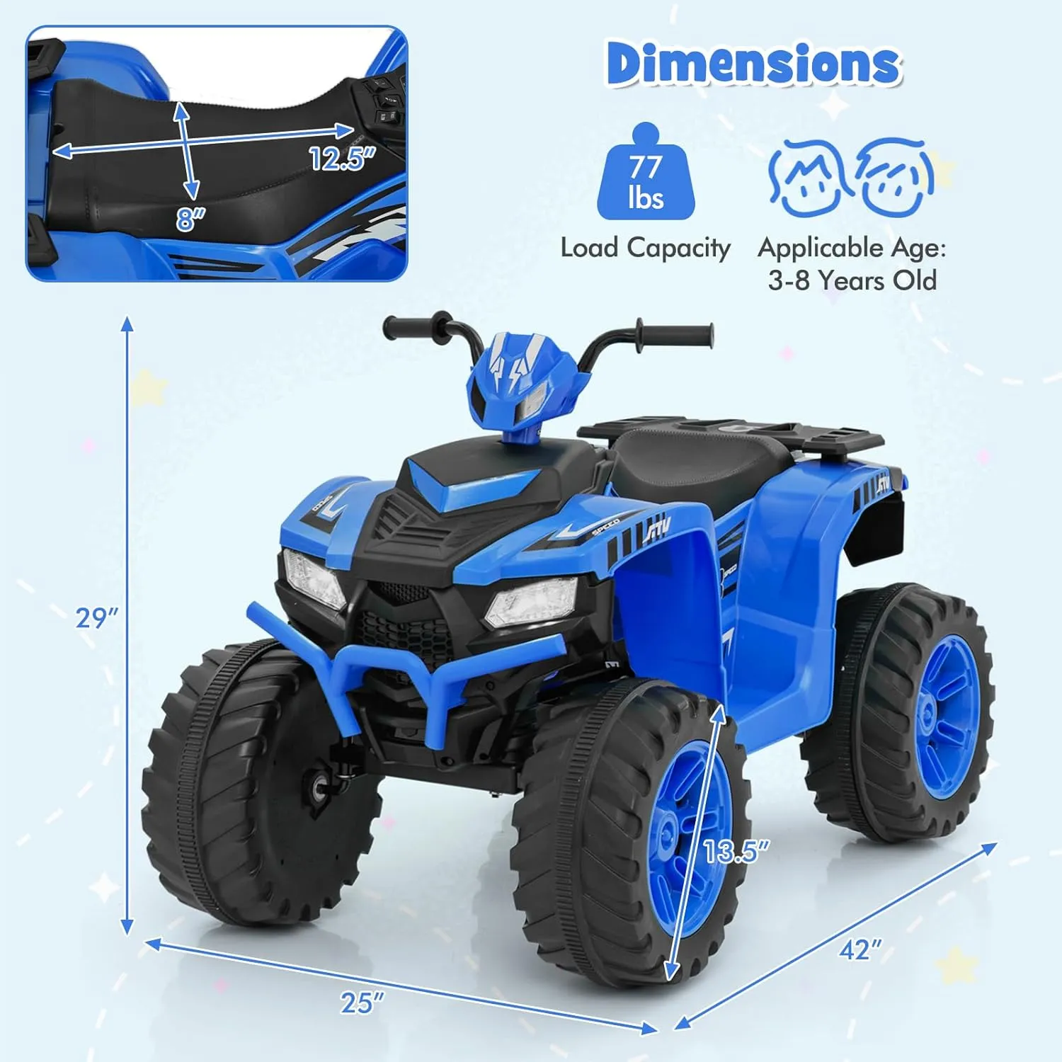 HONEY JOY 24V Kids ATV, 4 Wheeler Battery Power Ride On ATV Toy for Big Kids, LED Lights, High/Low Speed, Treaded Tires, Music, Off-Road Toddler Quad, Electric Car for Boys Girls (Blue)
