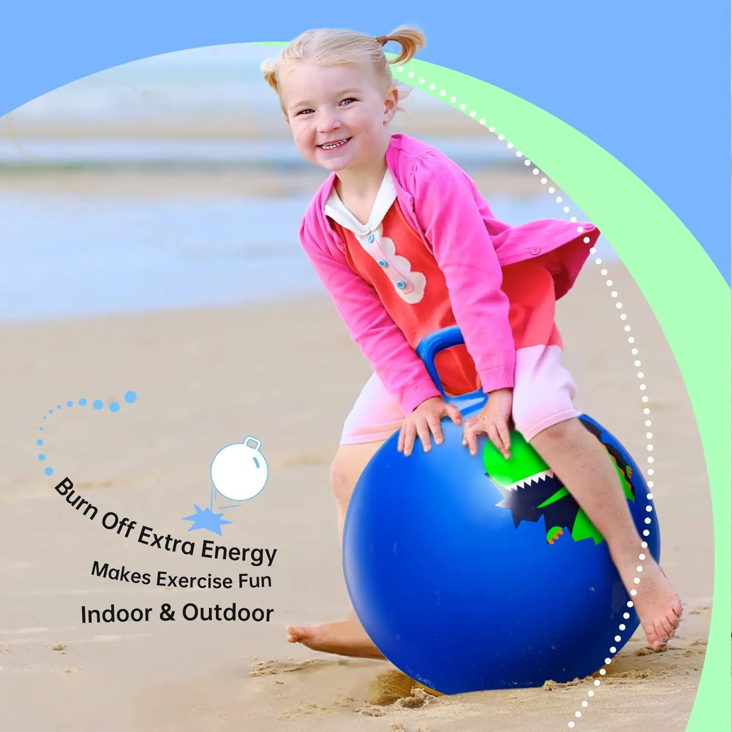 Hopper Ball, Hopping Toys for Kids, 18inch Bouncy Ball with Handle for Boys Girls Aged 3-8, Inflatable Dinosaur Bounce Hopper Toy with Pump
