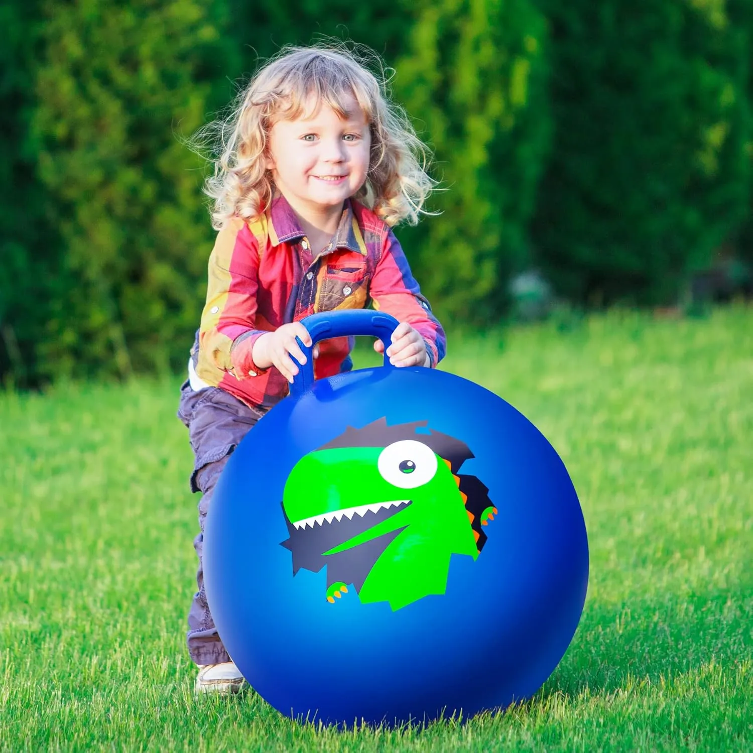 Hopper Ball, Hopping Toys for Kids, 18inch Bouncy Ball with Handle for Boys Girls Aged 3-8, Inflatable Dinosaur Bounce Hopper Toy with Pump