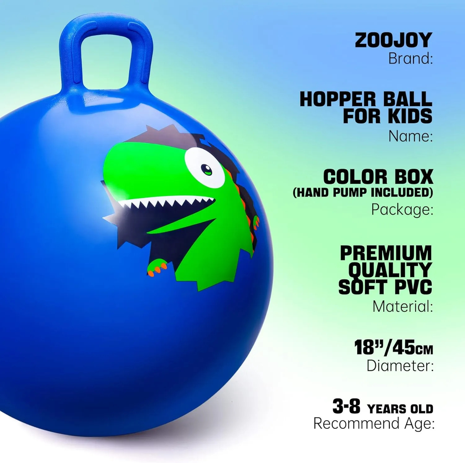 Hopper Ball, Hopping Toys for Kids, 18inch Bouncy Ball with Handle for Boys Girls Aged 3-8, Inflatable Dinosaur Bounce Hopper Toy with Pump
