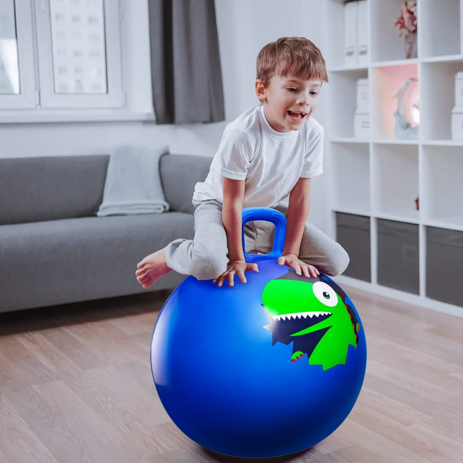 Hopper Ball, Hopping Toys for Kids, 18inch Bouncy Ball with Handle for Boys Girls Aged 3-8, Inflatable Dinosaur Bounce Hopper Toy with Pump