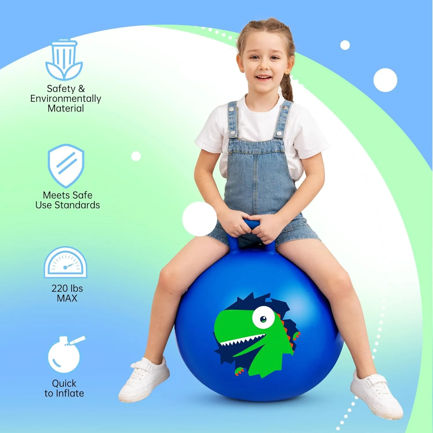 Hopper Ball, Hopping Toys for Kids, 18inch Bouncy Ball with Handle for Boys Girls Aged 3-8, Inflatable Dinosaur Bounce Hopper Toy with Pump
