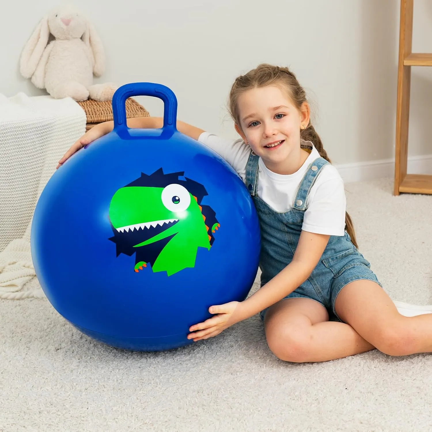 Hopper Ball, Hopping Toys for Kids, 18inch Bouncy Ball with Handle for Boys Girls Aged 3-8, Inflatable Dinosaur Bounce Hopper Toy with Pump