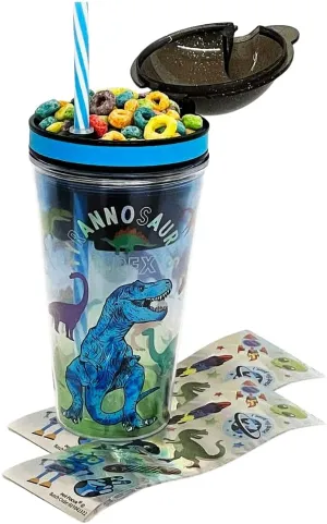 Hot Focus Snack and Drink Cup, Kid's Combo All-in-One Tumbler for On-The-Go, 2 Bonus Sheets of Fun T-rex Stickers, Straw Included (Dinosaur)