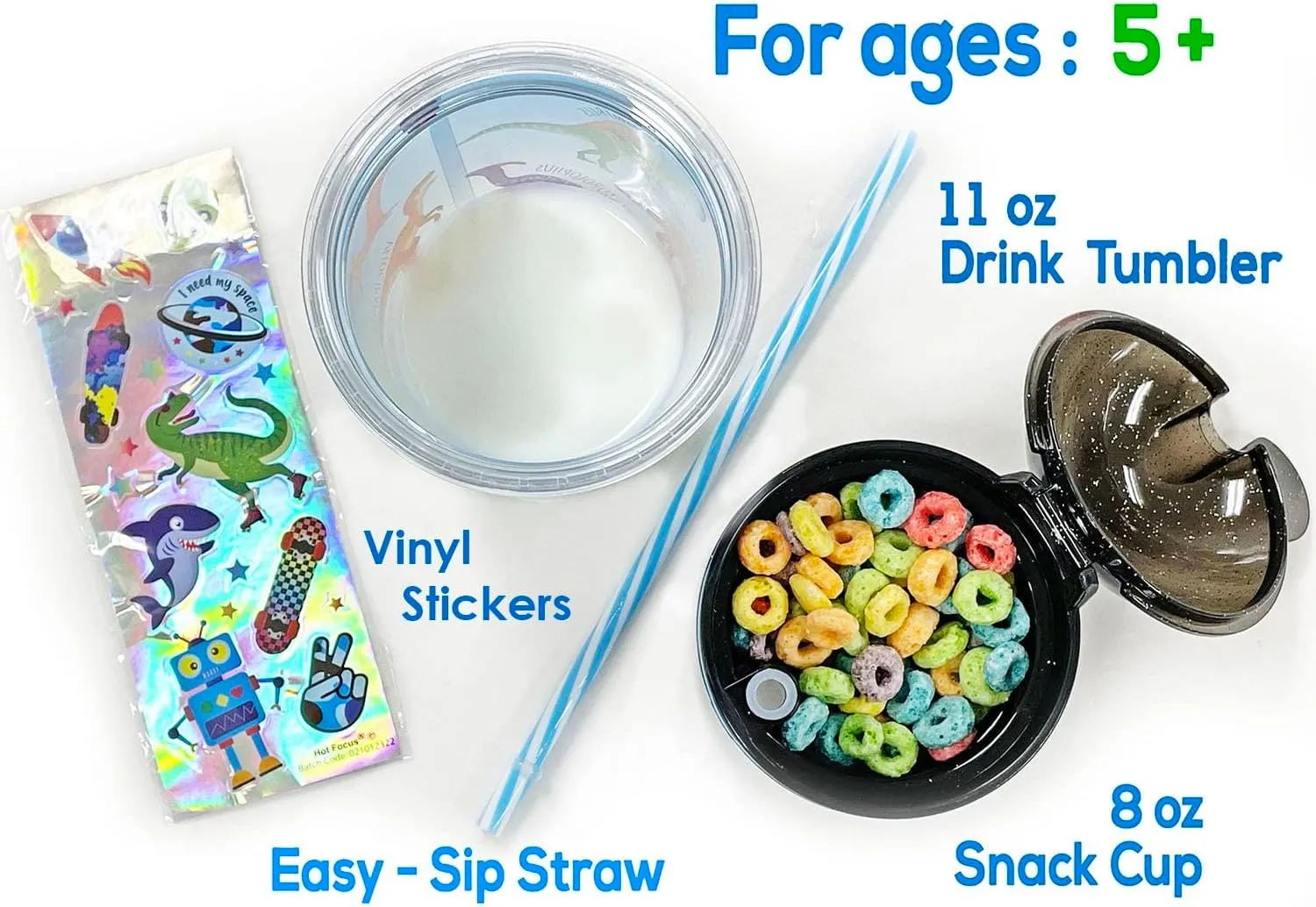 Hot Focus Snack and Drink Cup, Kid's Combo All-in-One Tumbler for On-The-Go, 2 Bonus Sheets of Fun T-rex Stickers, Straw Included (Dinosaur)