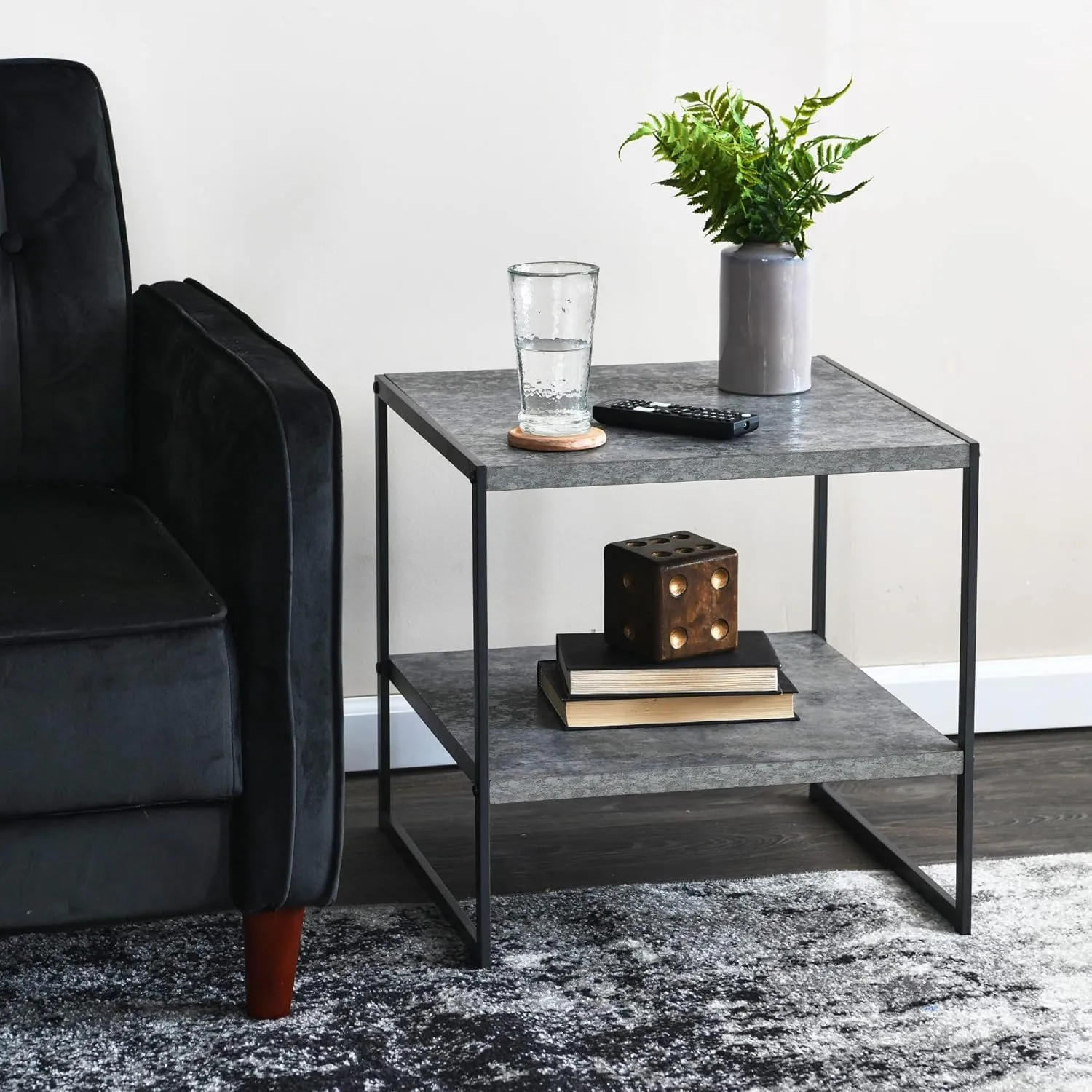 Household Essentials Jamestown Square Side End Table with Storage Shelf Rustic Slate Concrete and Black Metal