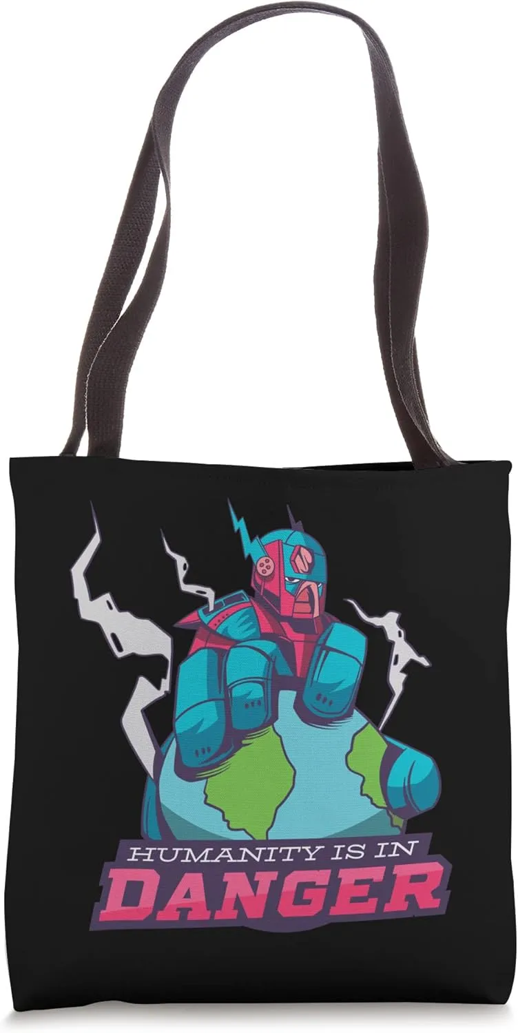 Humanity Is In Danger Superhero Giant Robot Cartoon Machine Tote Bag
