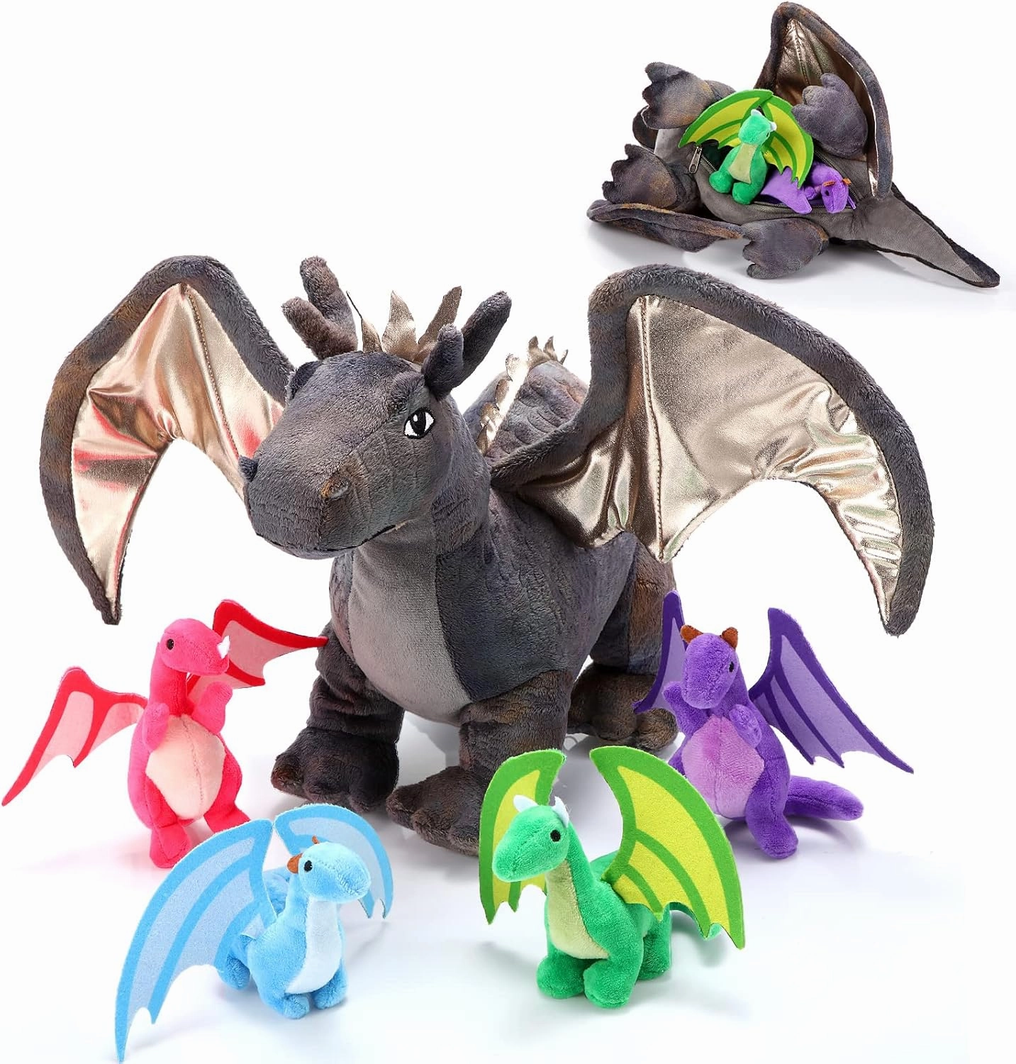 HyDren 5 Pcs Dragon Plush Toys Set 16 Inch Giant Dinosaur Stuffed Animal with 4 Pcs Babies Dragons in Mommy Dinosaur Belly for Kids Boys Girls Easter Birthday Gifts Student Classroom Prizes(Gray)