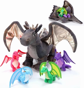 HyDren 5 Pcs Dragon Plush Toys Set 16 Inch Giant Dinosaur Stuffed Animal with 4 Pcs Babies Dragons in Mommy Dinosaur Belly for Kids Boys Girls Easter Birthday Gifts Student Classroom Prizes(Gray)