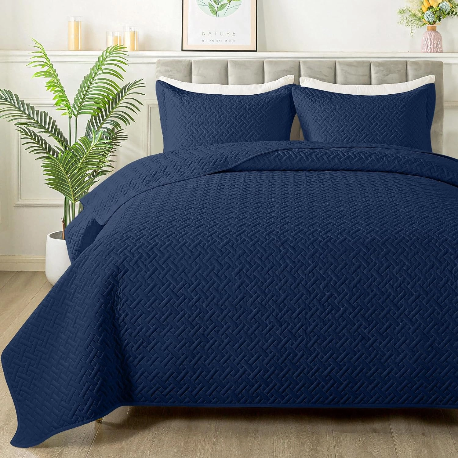 HYLEORY Quilt Set King Size - Soft Lightweight Quilts Summer Quilted Bedspreads - Reversible Coverlet Bedding Set for All Season 3 Piece (1 Quilt, 2 Pillow Shams) - Navy Blue