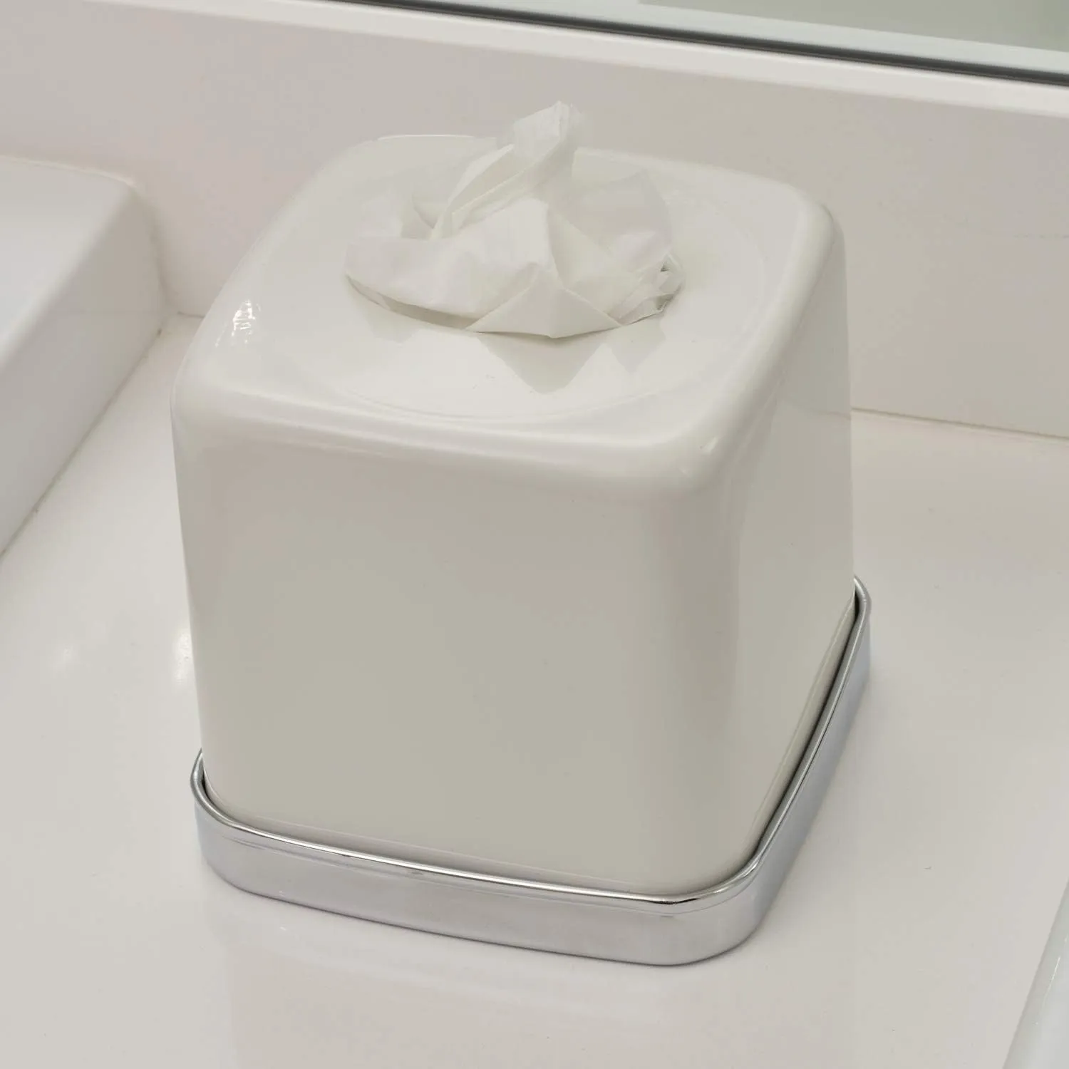 iDesign York Facial Tissue Box Cover, Vintage Holder for Bathroom Vanity Countertops, 5.75" x 5.75" x 5.5", Chrome and White