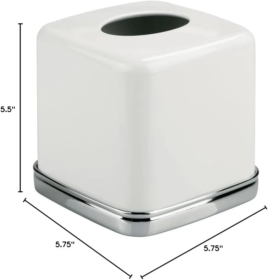 iDesign York Facial Tissue Box Cover, Vintage Holder for Bathroom Vanity Countertops, 5.75" x 5.75" x 5.5", Chrome and White