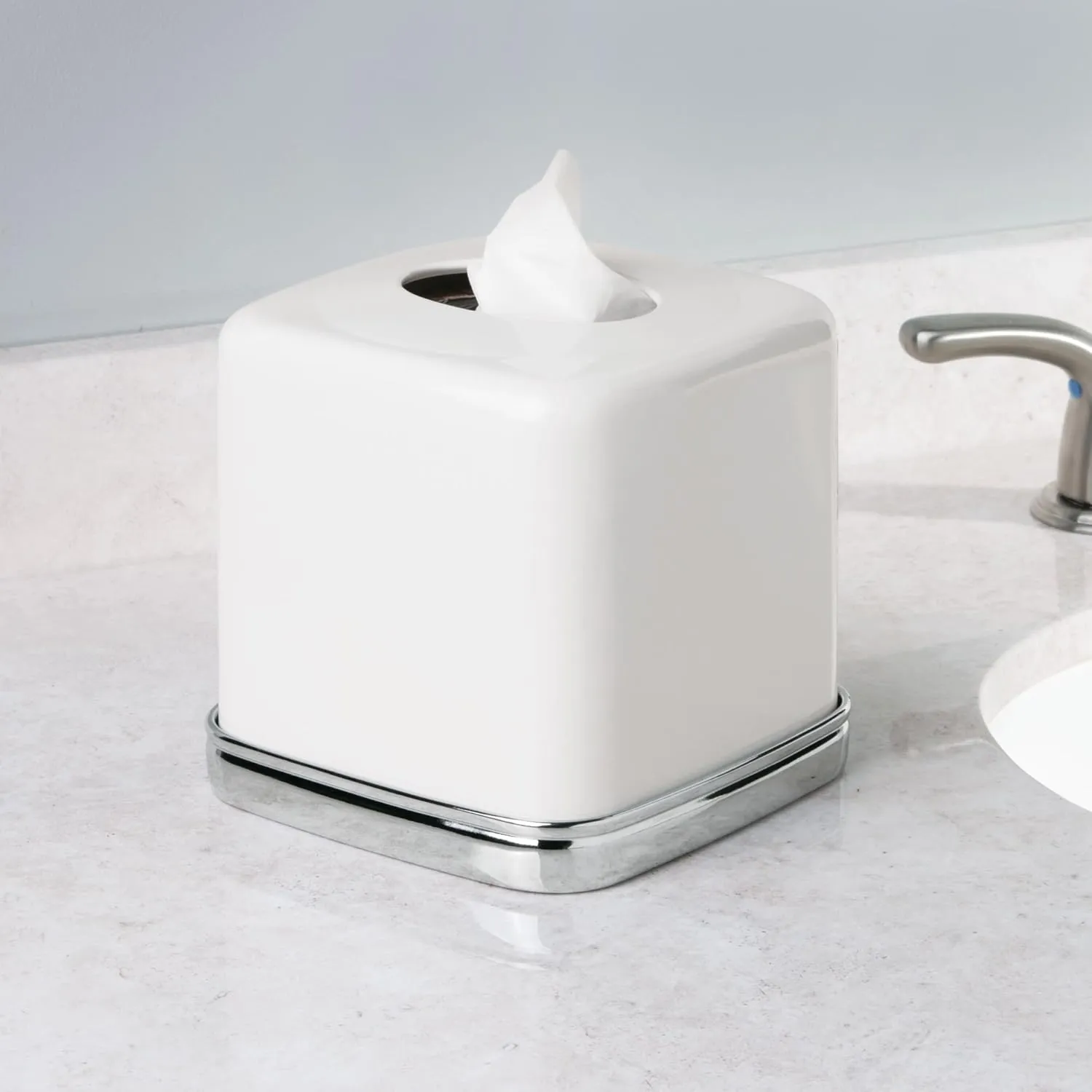 iDesign York Facial Tissue Box Cover, Vintage Holder for Bathroom Vanity Countertops, 5.75" x 5.75" x 5.5", Chrome and White