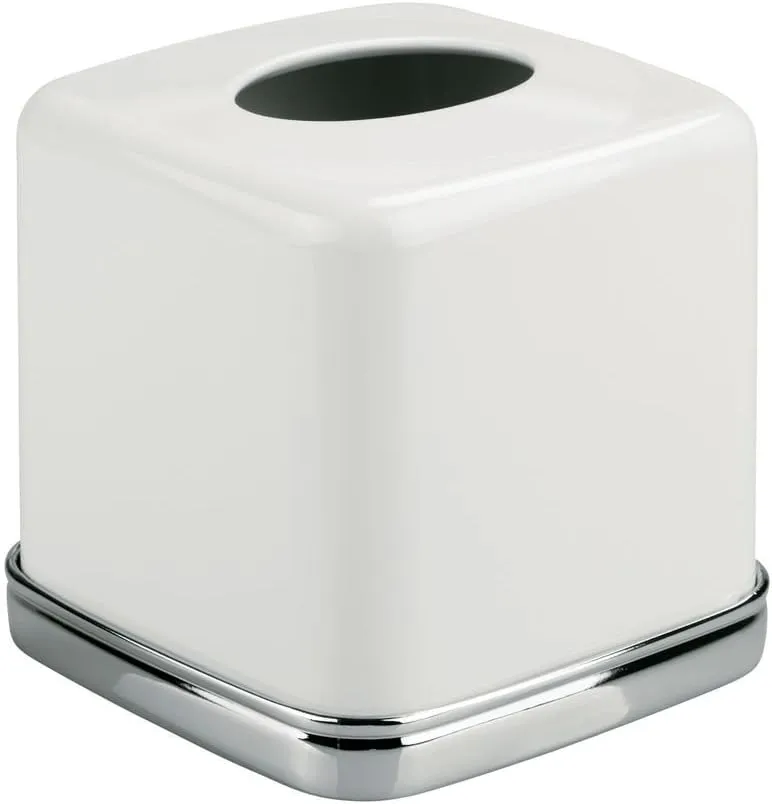 iDesign York Facial Tissue Box Cover, Vintage Holder for Bathroom Vanity Countertops, 5.75" x 5.75" x 5.5", Chrome and White