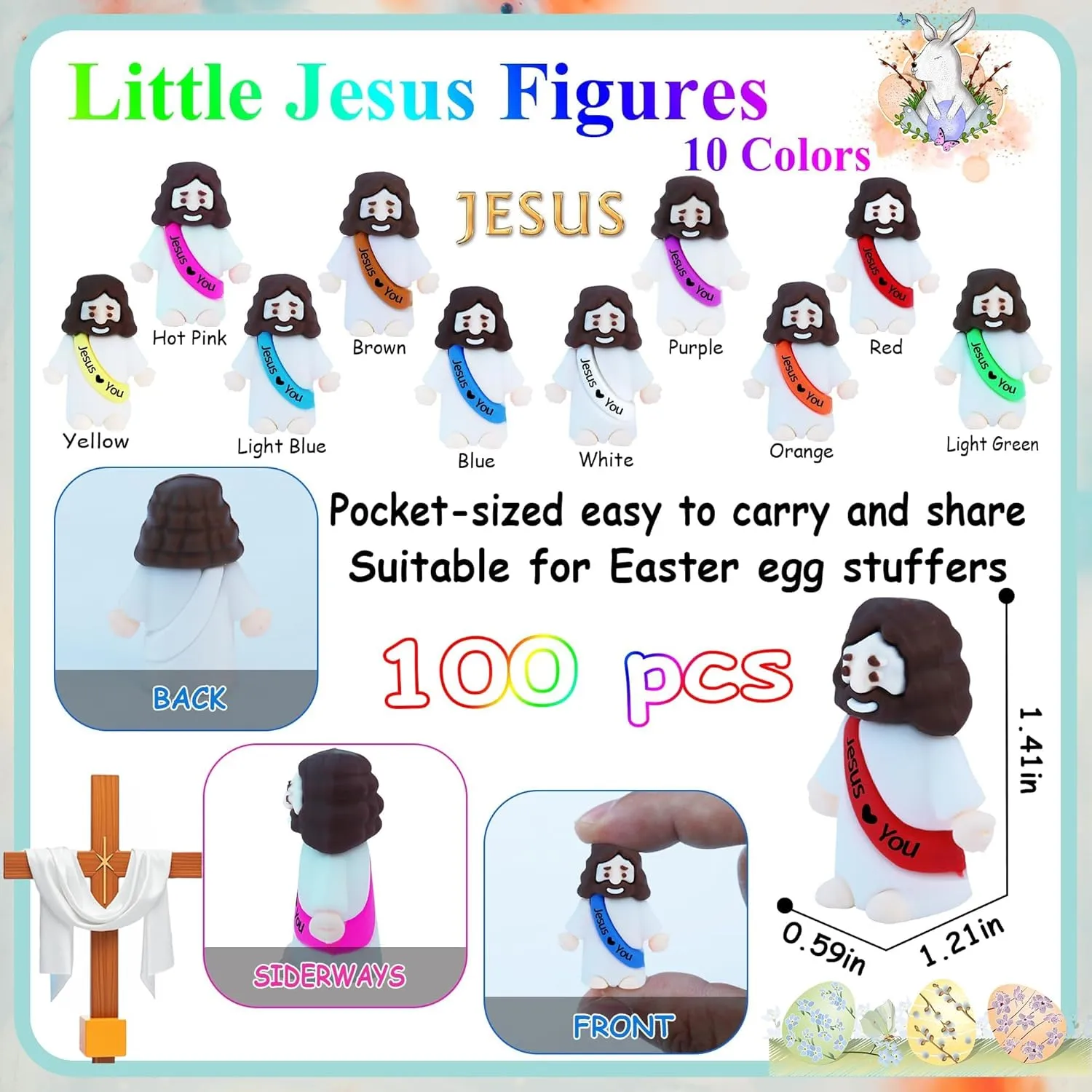 ILHSTY 100 Pcs Little Jesus Figures – Mini Rubber Jesus Toys Jesus Love You for Easter Egg Fillers Egg Hunts Religious Party Favors Gifts Hide and Seek Baptism Gifts Sunday School (Mix 10 Color *100)