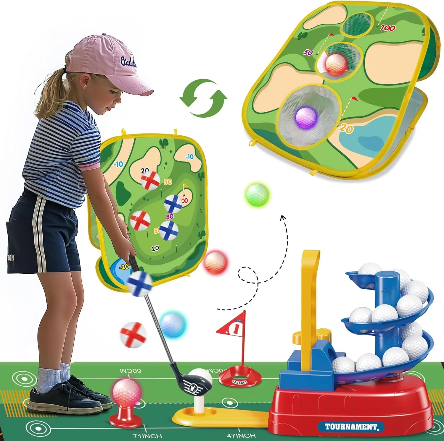 imagifun Toddler Sports Toys with 20pcs Training Golf Light Balls & 3 Retractable Clubs Equipment, Indoor Outdoor Sport Toy, Golf Toys Kids Training Set, Kids Golf Club Set