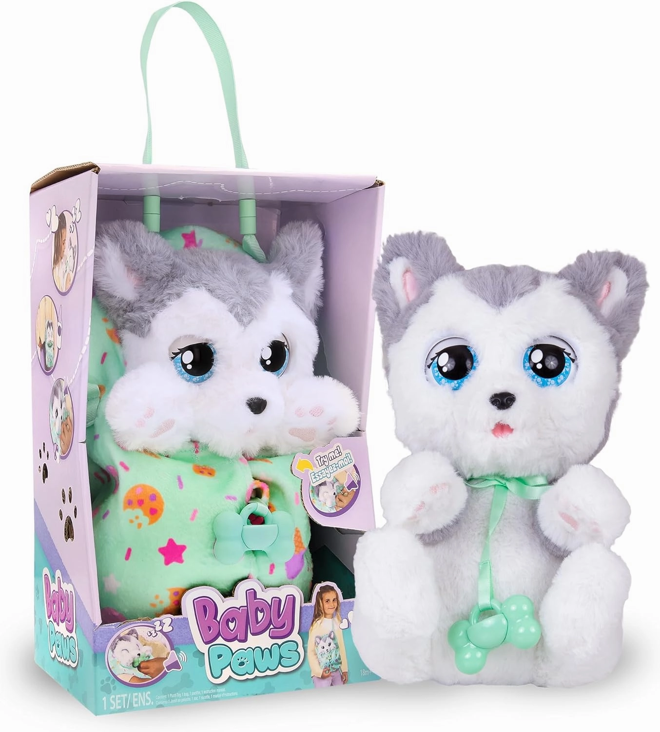 IMC Toys Baby Paws - Siberian Husky Puppy with Carrier | Soft and Cuddly Toy Puppy That Make 5 Adorable Sounds for Kids, Ages 4 