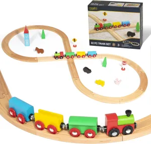 inc. Wooden Train Track Set, 32 Pieces Figure 8 Train Track with Wooden Engine and Magnet Connect Cars, Expansion Railway Track Compatible with Thomas & Friends and All Major Brands