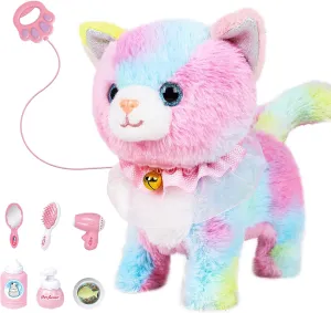 Interactive Electronic Plush Toy Walking and Barking Robot Cat Plush Cat Remote Control Kitten for Girls (Colorful Cat)