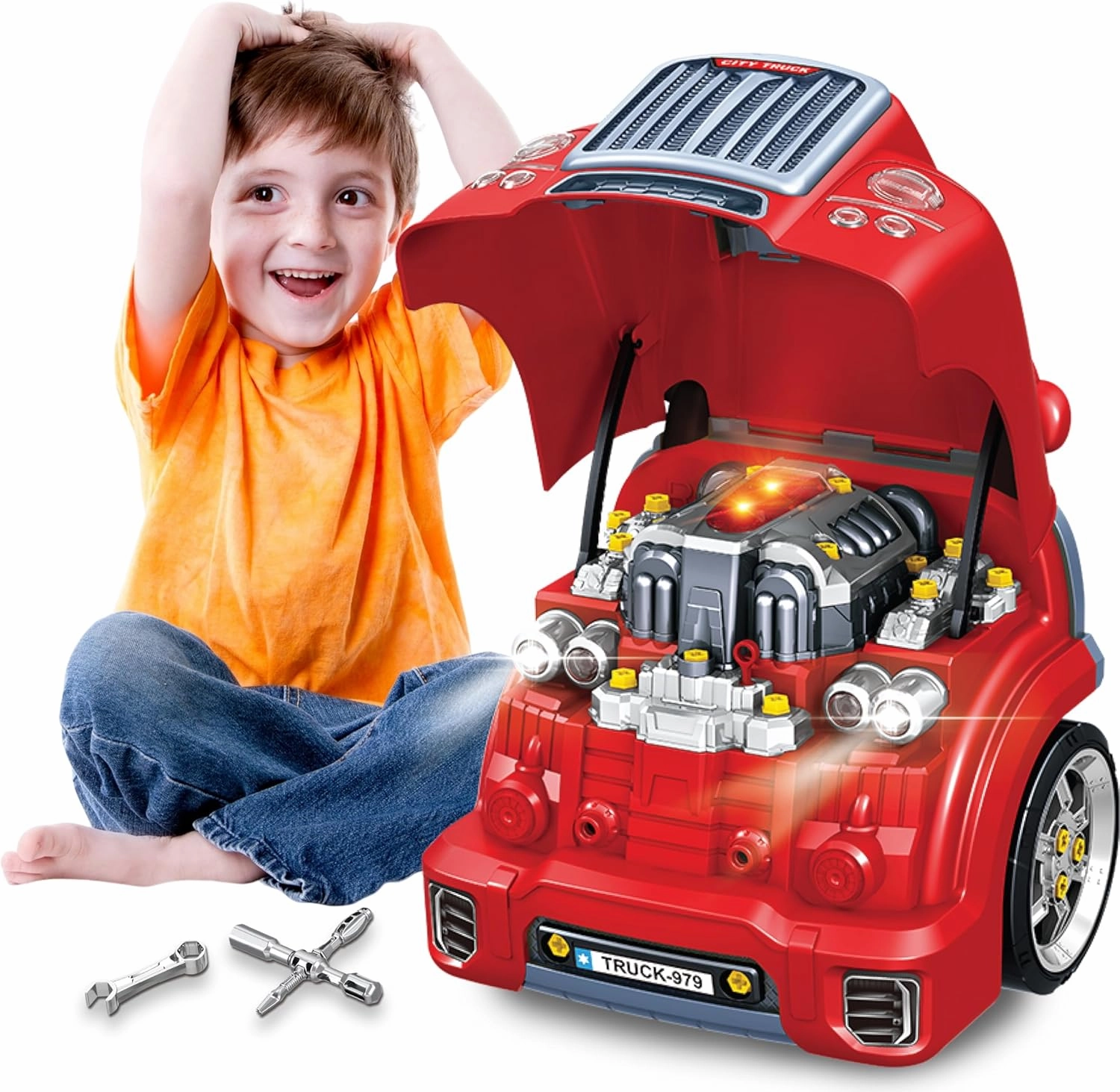 Interactive Large Truck Engine Toy for Kids – Complete Mechanic Repair Kit with Removable Parts, Lights, Sounds, Tools, Engine Builder for Kids