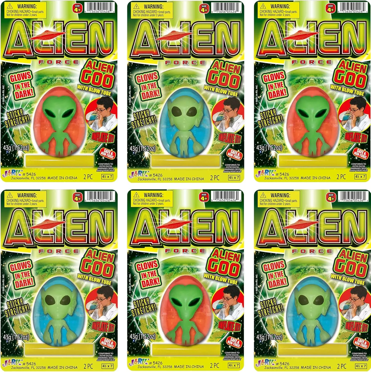 JA-RU Inflatable Glow in The Dark Slime for Kids with Alien Figure (6 Alien Egg Slime) Slime Kit for Boys and Girls. Sensory Stress Relief Toys. Bulk Mini Slime Party Favors. 5426-6s