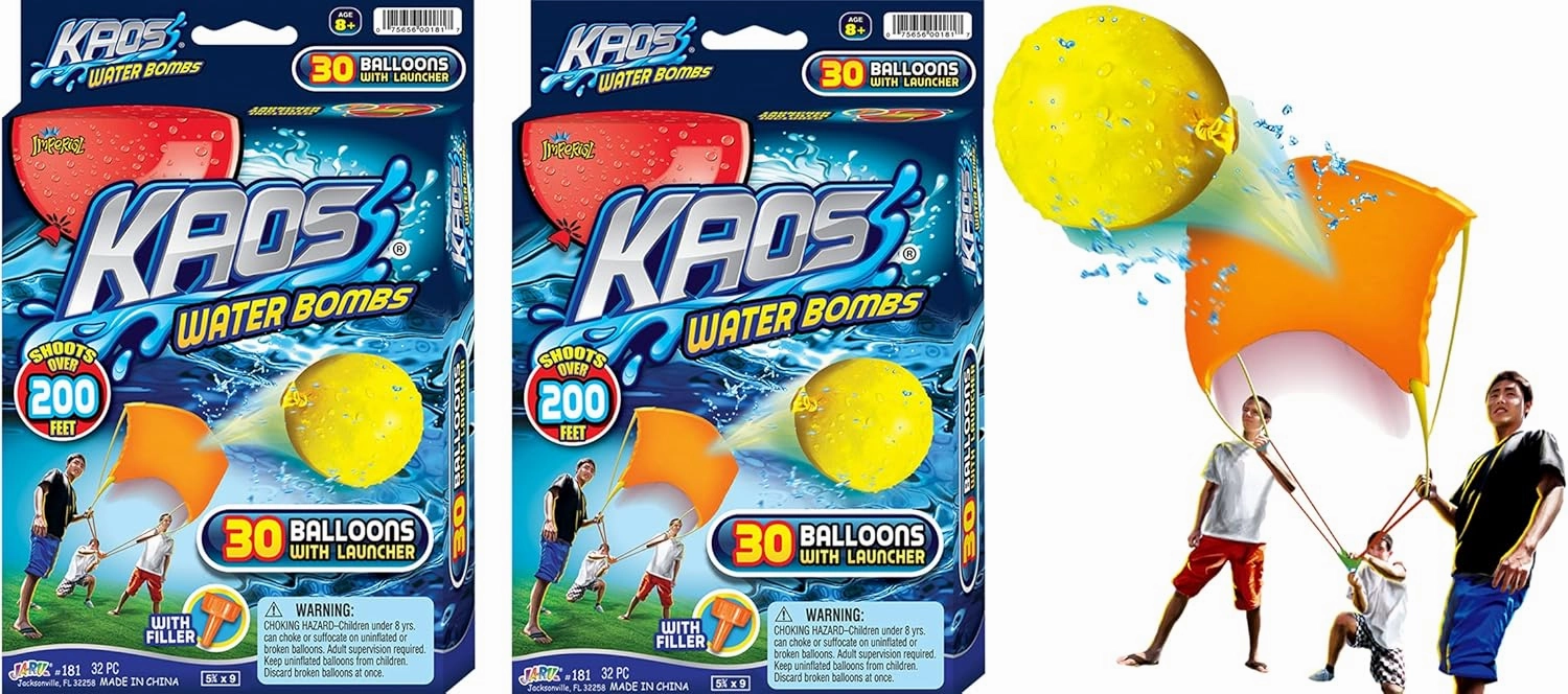 JA-RU KAOS Water Balloon Launcher Slingshot w/ 30 Bulk Water Balloons & 1 Nozzle (2 Set) Long Range Water Bombs Catapult Kit for Kids. Outdoor Summer Games & Beach Toys. 181-2s