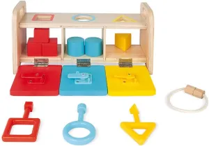 Janod Shape Sorter Box with Keys – Wooden Sorting Toy with Geometric Shapes – Ages 18  Months- J05065