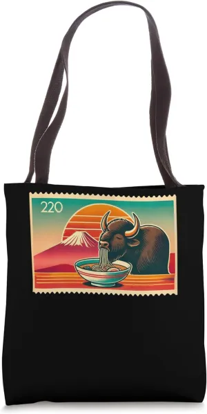 Japanese Mt. Fuji Sunset Postage Stamp Noodles Bison Ramen Tote Bag