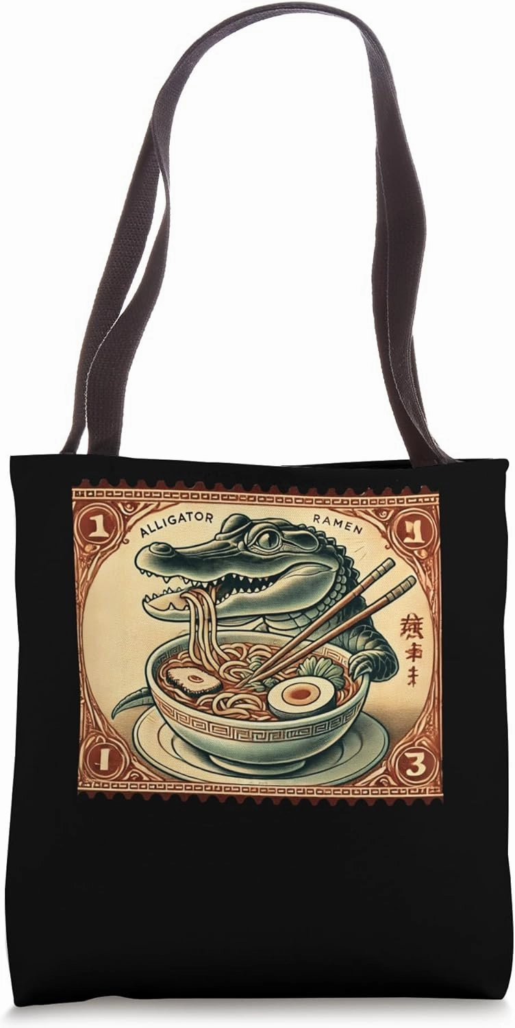 Japanese Art Noodles Postage Stamp Wildlife Alligator Ramen Tote Bag