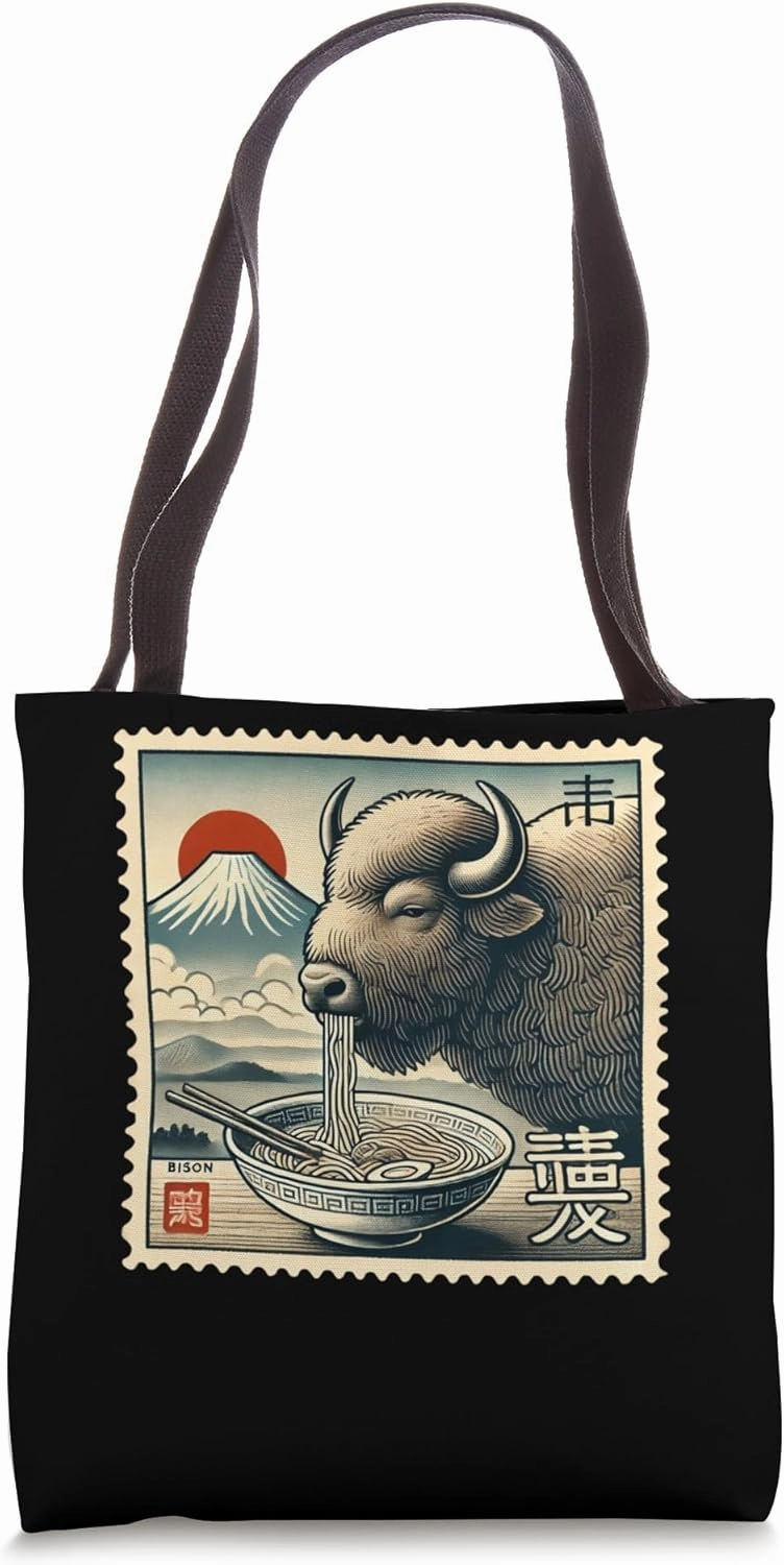 Japanese Mt. Fuji Sunset Postage Stamp Noodles Bison Ramen Tote Bag