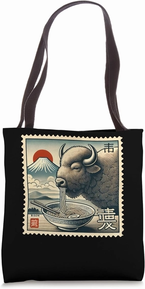 Japanese Mt. Fuji Sunset Postage Stamp Noodles Bison Ramen Tote Bag