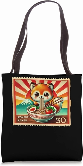 Japanese Sunset Mt. Fuji Postage Stamp Fox Pup Ramen Tote Bag