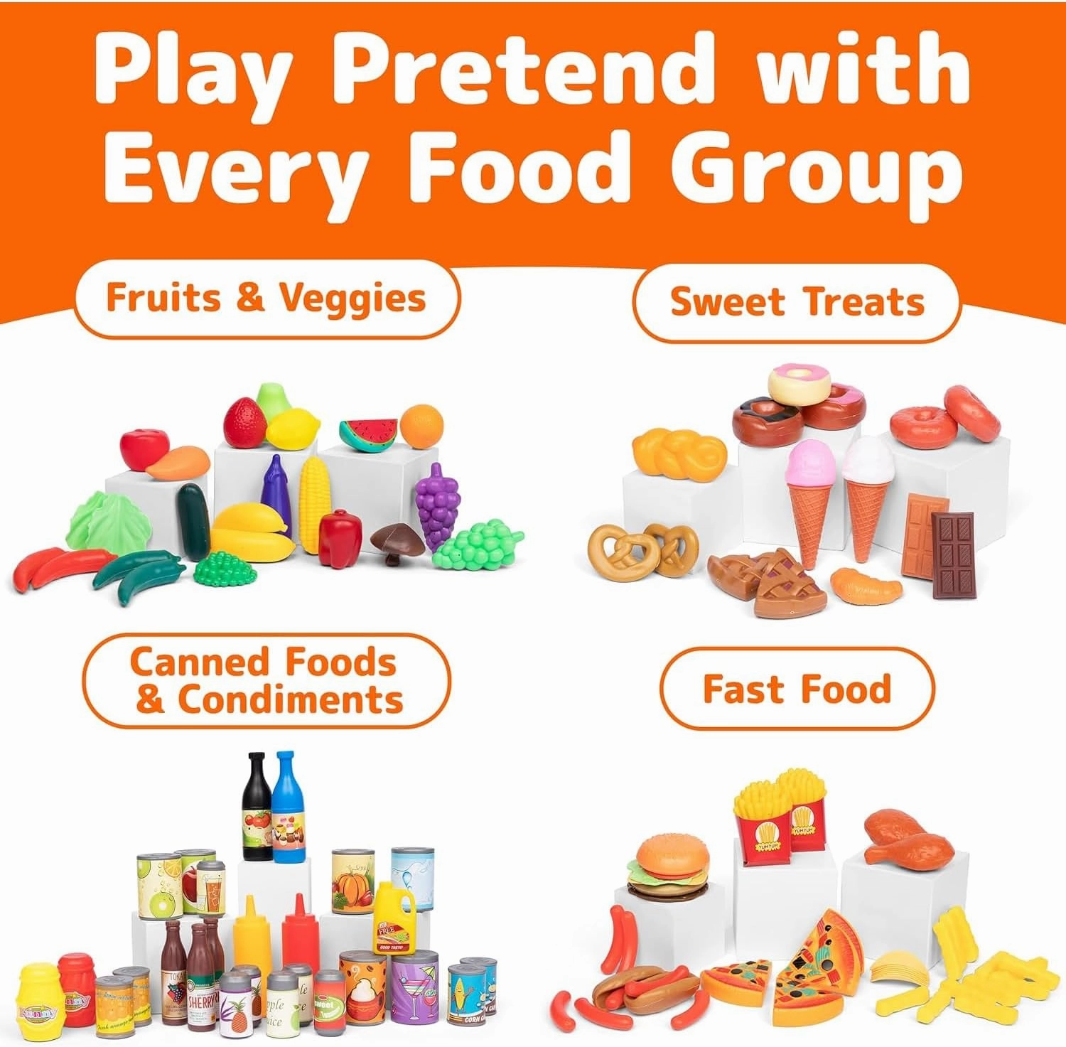 Jaxojoy 122 Piece Pretend Food Set for Kids - Food Toys for Kids Kitchen Set - Pretend Play Kitchen Accessories and Playset for Interactive and Imaginative Activities