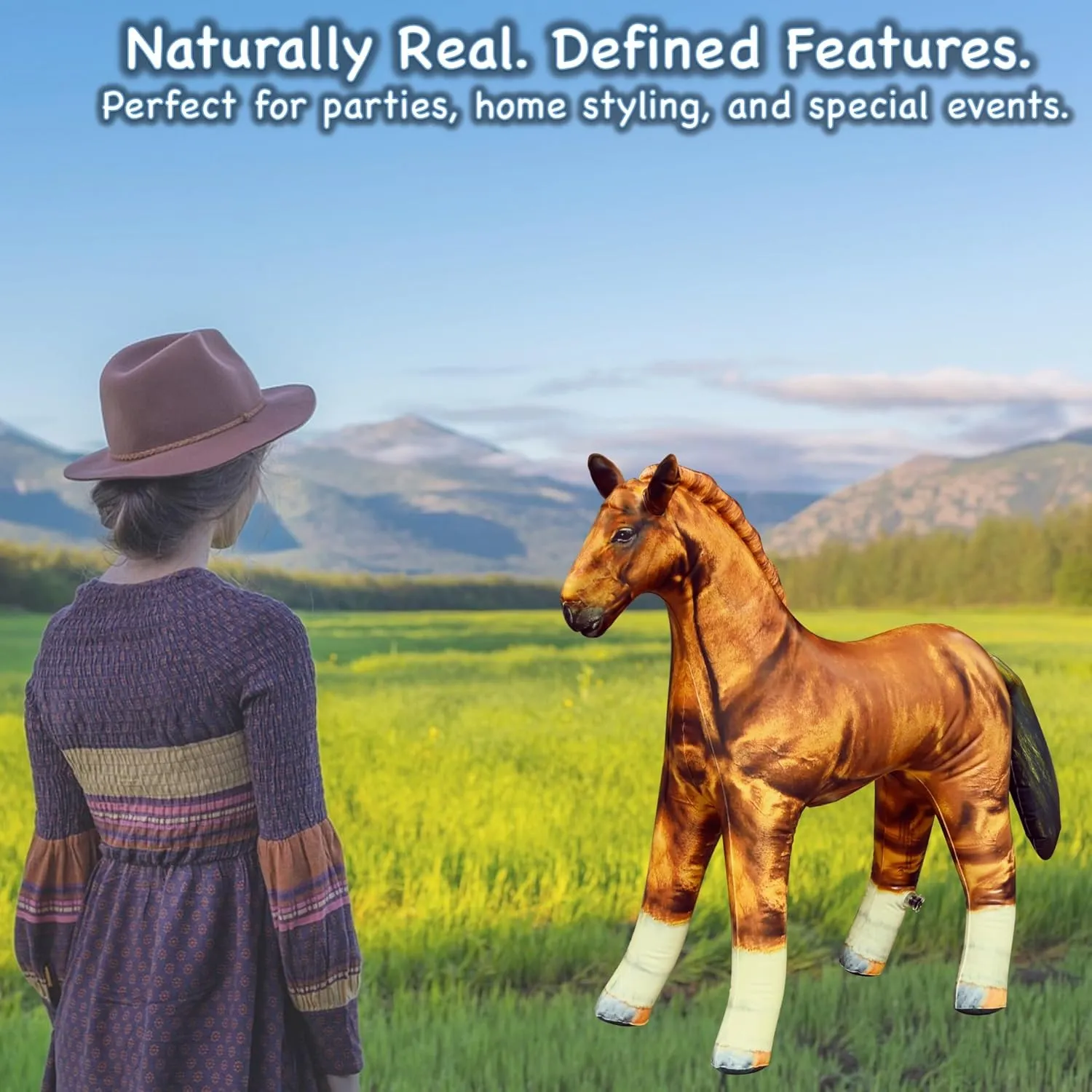 Jet Creations 38" Long Inflatable Horse, Golden Brown Lifelike Blow-Up Toy Figure for Decoration or Play, Livestock Theme Party, Pool, Birthday, VBS, Photo Prop, Baby Shower 1 pc