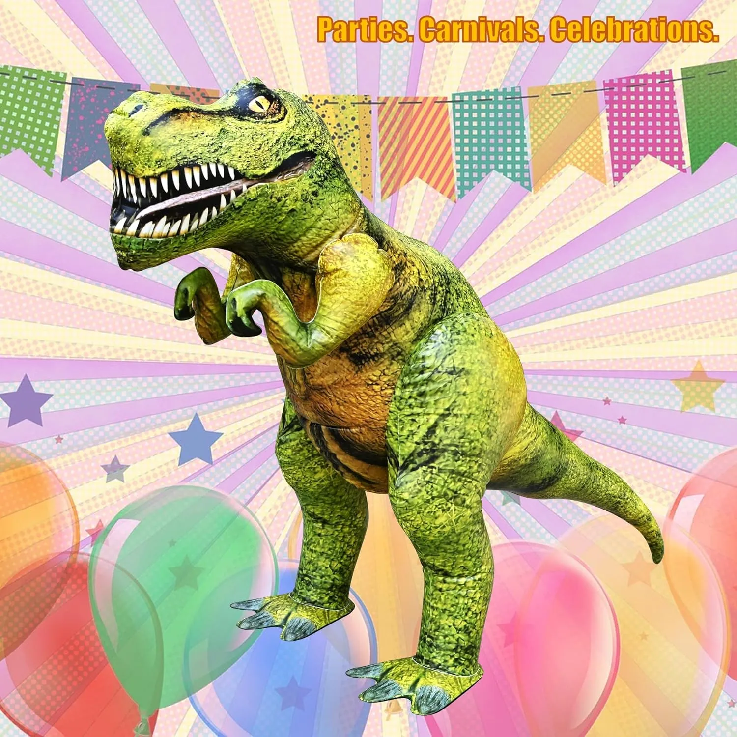 Jet Creations Inflatable T-Rex Dinosaur Toy, 32" Tall/53" Long, Green/Yellow, Pool, Party, Garden Decor, Photo Prop Jurassic Theme Decoration, 1 pc