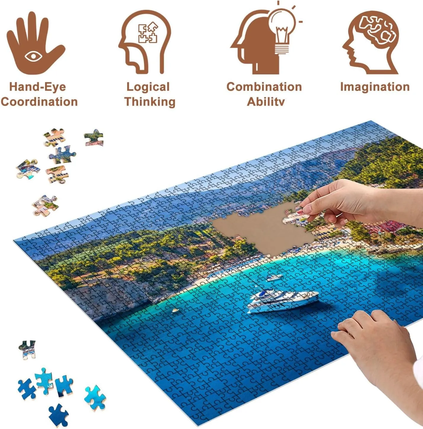 Jigsaw Puzzles 1000 Pieces for Adult Aerial View to Beautiful Fishing Village Assos Island Kefalonia Greece Puzzle Game for Family Wooden Puzzle Toy Educational Games Puzzles for Home Decor