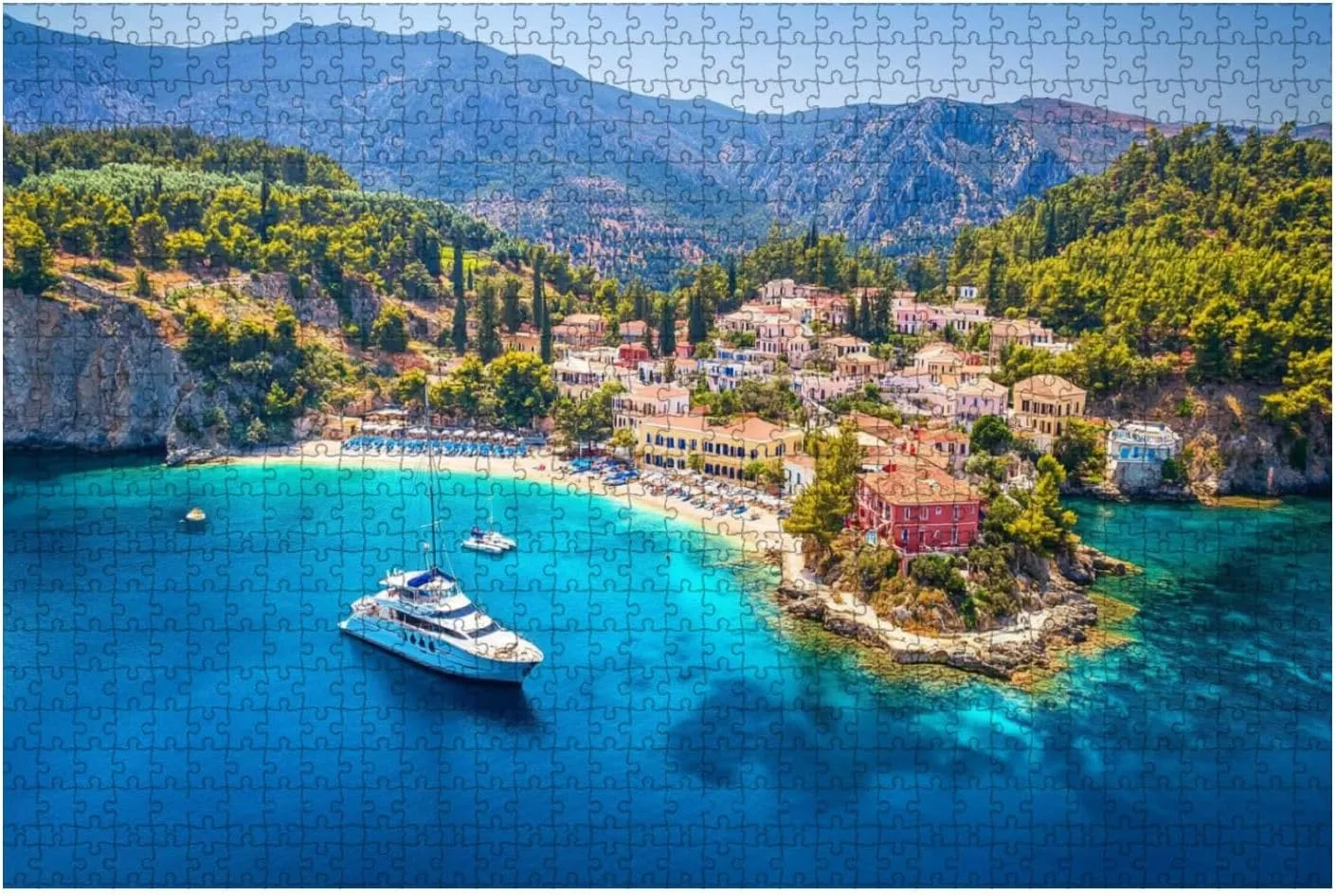 Jigsaw Puzzles 1000 Pieces for Adult Aerial View to Beautiful Fishing Village Assos Island Kefalonia Greece Puzzle Game for Family Wooden Puzzle Toy Educational Games Puzzles for Home Decor