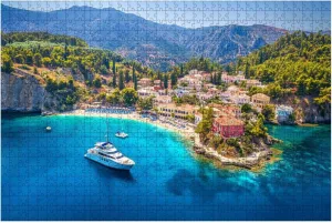 Jigsaw Puzzles 1000 Pieces for Adult Aerial View to Beautiful Fishing Village Assos Island Kefalonia Greece Puzzle Game for Family Wooden Puzzle Toy Educational Games Puzzles for Home Decor