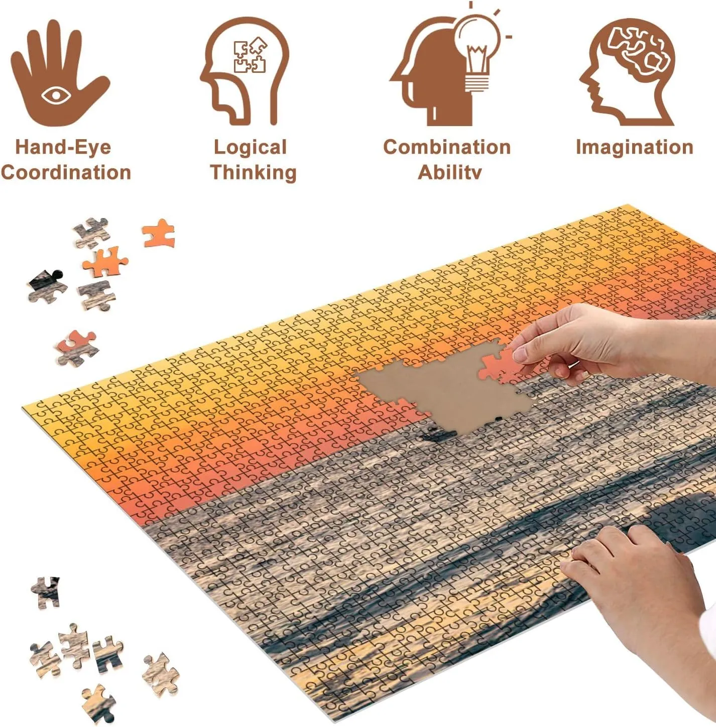 Jigsaw Puzzles 1000 Pieces for Adult Fishing Boat is Silhouetted Against Vibrant Orange red Sunrise Puzzle Game for Family Wooden Puzzle Toy Educational Games Puzzles for Home Decor