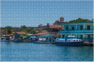 Jigsaw Puzzles 1000 Pieces for Adult Fishing Boats Village Castillo de Jagua Fortress Bahia de Cienfuegos Puzzle Game for Family Wooden Puzzle Toy Educational Games Puzzles for Home Decor