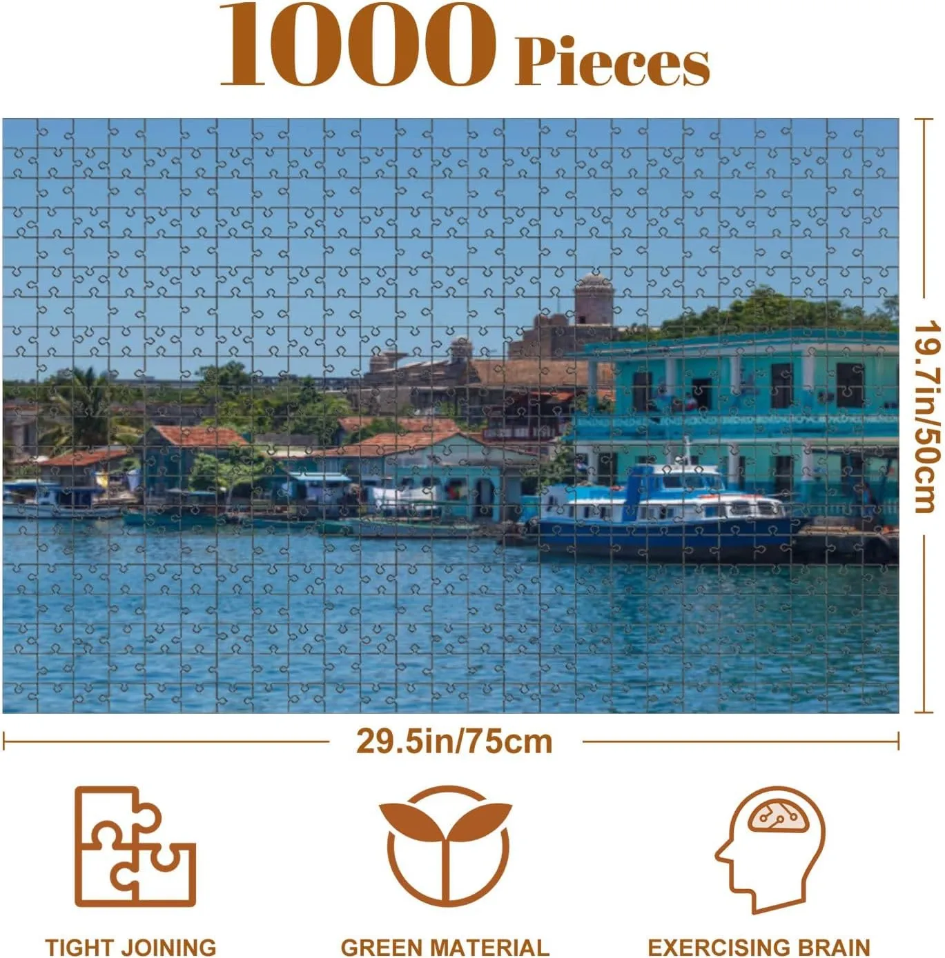 Jigsaw Puzzles 1000 Pieces for Adult Fishing Boats Village Castillo de Jagua Fortress Bahia de Cienfuegos Puzzle Game for Family Wooden Puzzle Toy Educational Games Puzzles for Home Decor