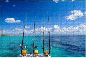 Jigsaw Puzzles 1000 Pieces for Adult Row deep sea Fishing rods Boat Exotic Caribbean Island Puzzle Game for Family Wooden Puzzle Toy Educational Games Puzzles for Home Decor